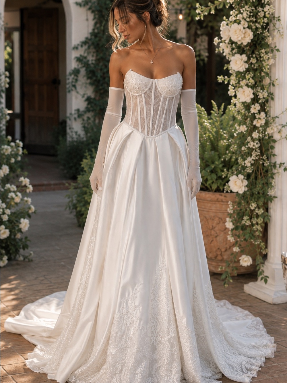 Ina Ivory Lace Corset Ball Gown Wedding Dress with Long Gloves
